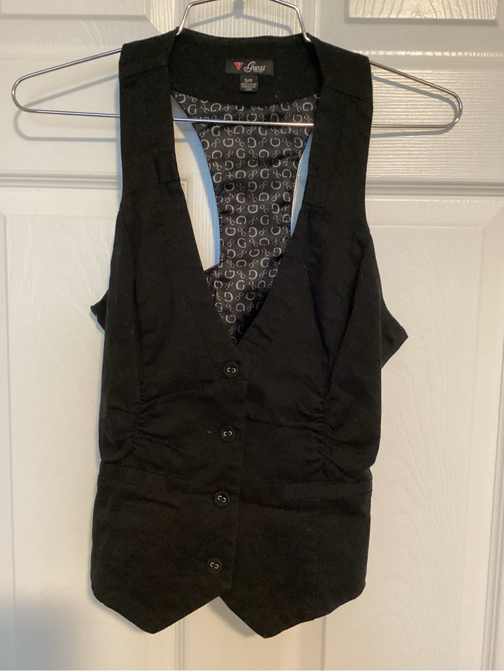 Vintage Guess Black Women's Sleeveless Button Vest with Logo Lining